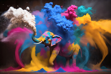 Elephant Happy Holi colorful background. Festival of colors, colorful rainbow holi paint color powder explosion. Generative AI