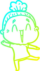 cold gradient line drawing cartoon happy old lady