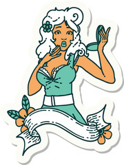 tattoo sticker of a pinup surprised girl with banner