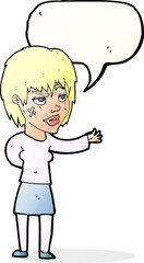 cartoon woman with sticking plaster on face with speech bubble