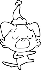 line drawing of a dog wearing santa hat