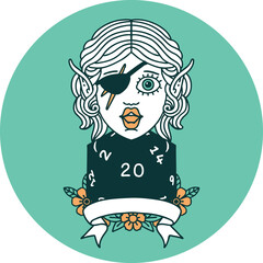 elf rogue character with natural twenty dice roll icon