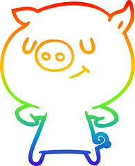 rainbow gradient line drawing happy cartoon pig