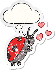 cute cartoon ladybug in love and thought bubble as a distressed worn sticker