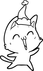 happy line drawing of a cat wearing santa hat