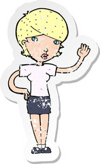 retro distressed sticker of a cartoon woman waving