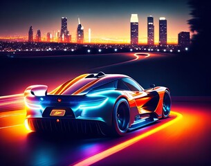 Best Racing Car Driving Down a Road at Night Time with Lights on it's Side and a city in the Background with Buildings Realistic AI