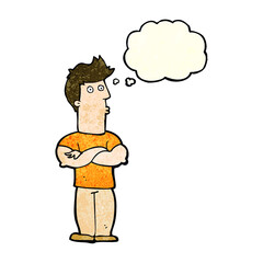 cartoon man with folded arms with thought bubble