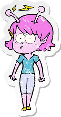 distressed sticker of a cartoon alien girl