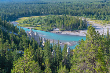 Surprise corner in Banff national park with hoodoos rock formation and Bow river, Alberta, Canada.