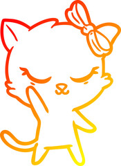 warm gradient line drawing cute cartoon cat with bow