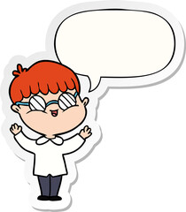 cartoon boy wearing spectacles and speech bubble sticker