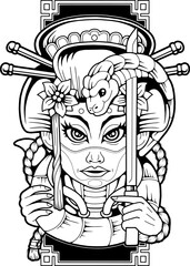 samurai cyborg girl, monochrome illustration