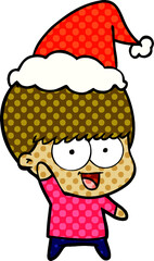 happy comic book style illustration of a boy waving wearing santa hat