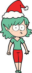 line drawing of a elf girl staring wearing santa hat