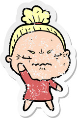 distressed sticker of a cartoon annoyed old lady