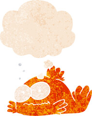 cartoon goldfish and thought bubble in retro textured style