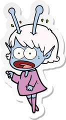sticker of a cartoon shocked alien girl