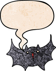 cartoon happy vampire bat and speech bubble in retro texture style