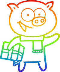 rainbow gradient line drawing cheerful pig with christmas gift