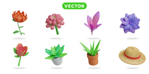 3d rendering. Flowers in spring and summer icons set on a white background Cremon flower,&nbsp; waterlily,&nbsp; lily, lotus flower,&nbsp; tulip, aloe vera, straw hat.