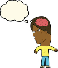 cartoon man with brain symbol with thought bubble