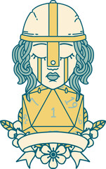 crying human fighter with natural one D20 dice illustration