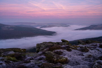 Bamford Edge sunrise cloud inversion in the Peak District National Park, UK.