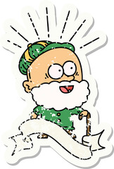 grunge sticker of tattoo style happy old man with walking stick