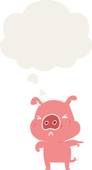 cartoon angry pig and thought bubble in retro style