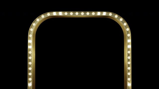 Seamless animation of retro lamps on a wide golden arch. 3D rendering with alpha channel.