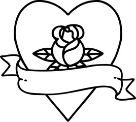 black line tattoo of a heart rose and banner