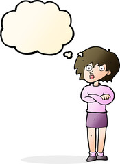 cartoon woman wit crossed arms with thought bubble