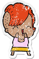 distressed sticker of a cartoon happy hipster girl