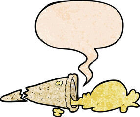 cartoon dropped ice cream and speech bubble in retro texture style