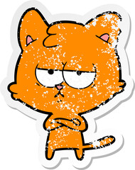 distressed sticker of a bored cartoon cat