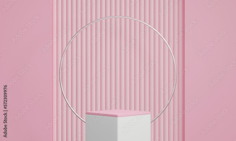 Wall mural 3D display podium on pink background with Copy space.Realistic Square stand.Platform show cosmetic product.Pedestal,Abstract scene,Empty,display presentation,Pastel beige.Minimal mockup 3d render.