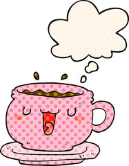 cute cartoon cup and saucer and thought bubble in comic book style