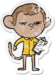 distressed sticker of a cartoon annoyed monkey boss
