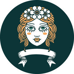 icon with banner of female face with crown of flowers