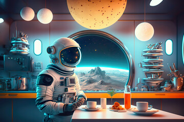 The astronaut is sitting in a cafeteria somewhere in the universe. Future fantasy illustration. Created by artificial intelligence. AI.