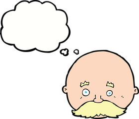 cartoon bald man with mustache with thought bubble
