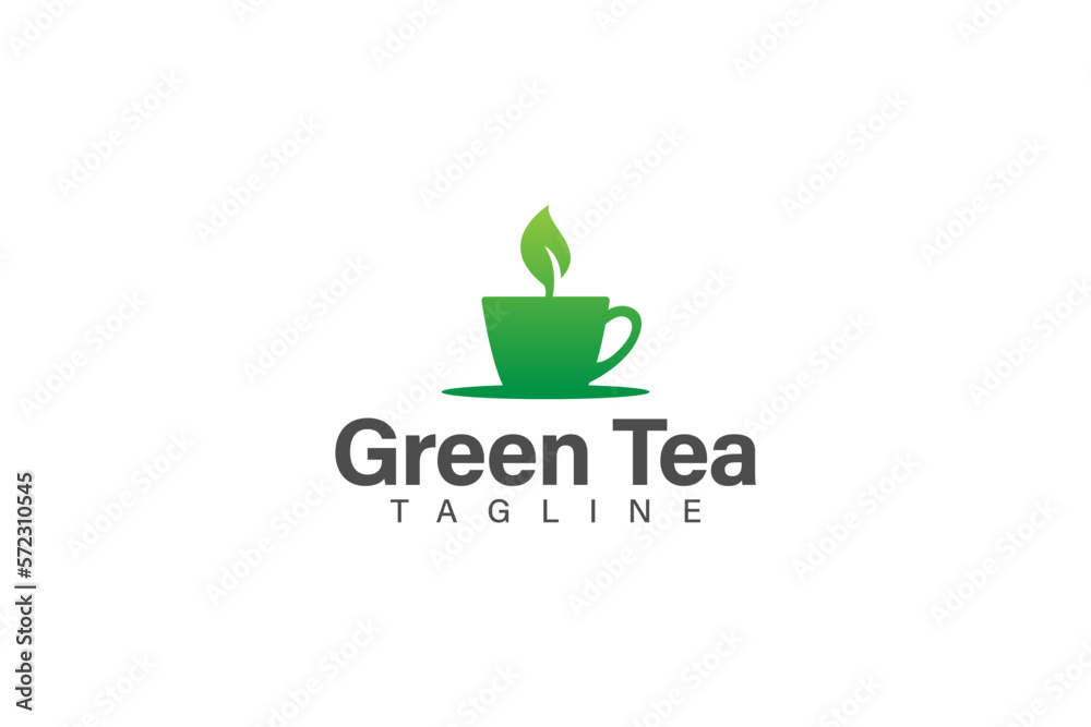 Wall mural green tea or green coffee logo design vector with cup and leaf concept, logo for healthy drink