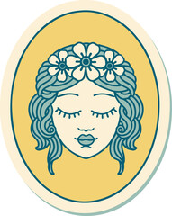 tattoo style sticker of a maiden with eyes closed