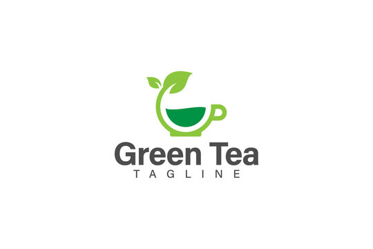 Green tea or green coffee logo design vector with cup and leaf concept, logo for healthy drink