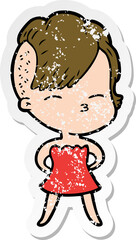 distressed sticker of a cartoon squinting girl in dress