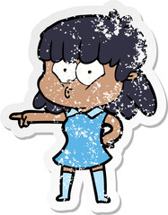 distressed sticker of a cartoon whistling girl pointing