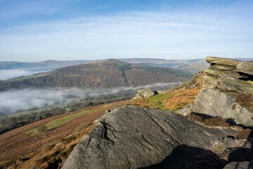 Bamford Edge sunrise view of Win Hill in the Peak District National Park, UK.