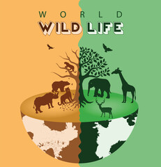 World wildlife day.. Two different sides of wildlife. Earth with animals silhouette. Spring and autumn.