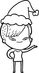 cute line drawing of a girl with hipster haircut wearing santa hat